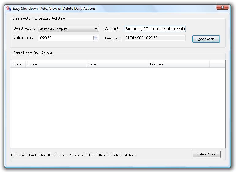 Screenshot of Dialog Box to add / view / delete daily shutdown and other actions